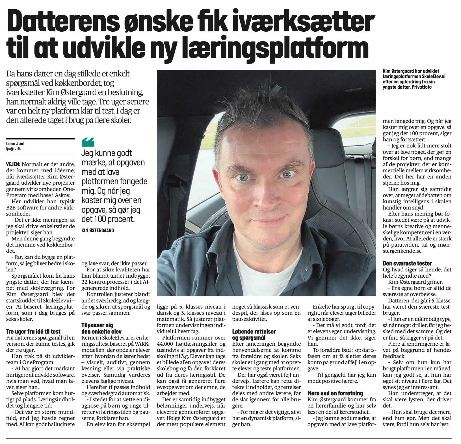 Artikel fra JydskeVestkysten om SkoleElev.ai